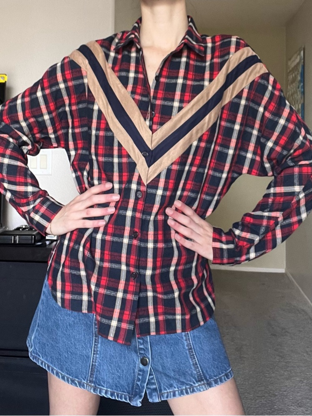 Plaid Button Shirt with V Chevron Detail